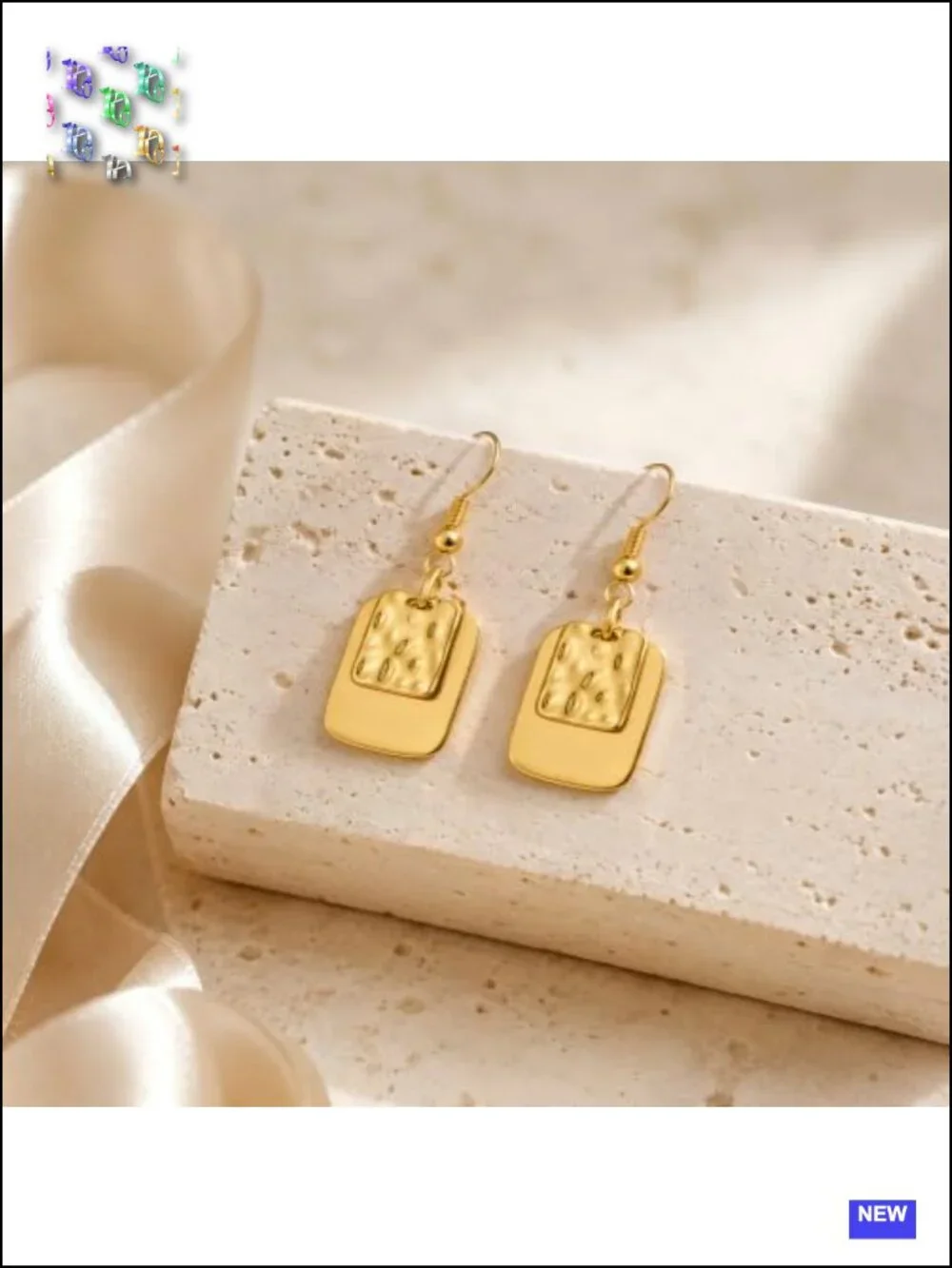 14K Gold Plated Dainty Hammered Rectangle Geometric Drop Earrings Boho Jewelry
